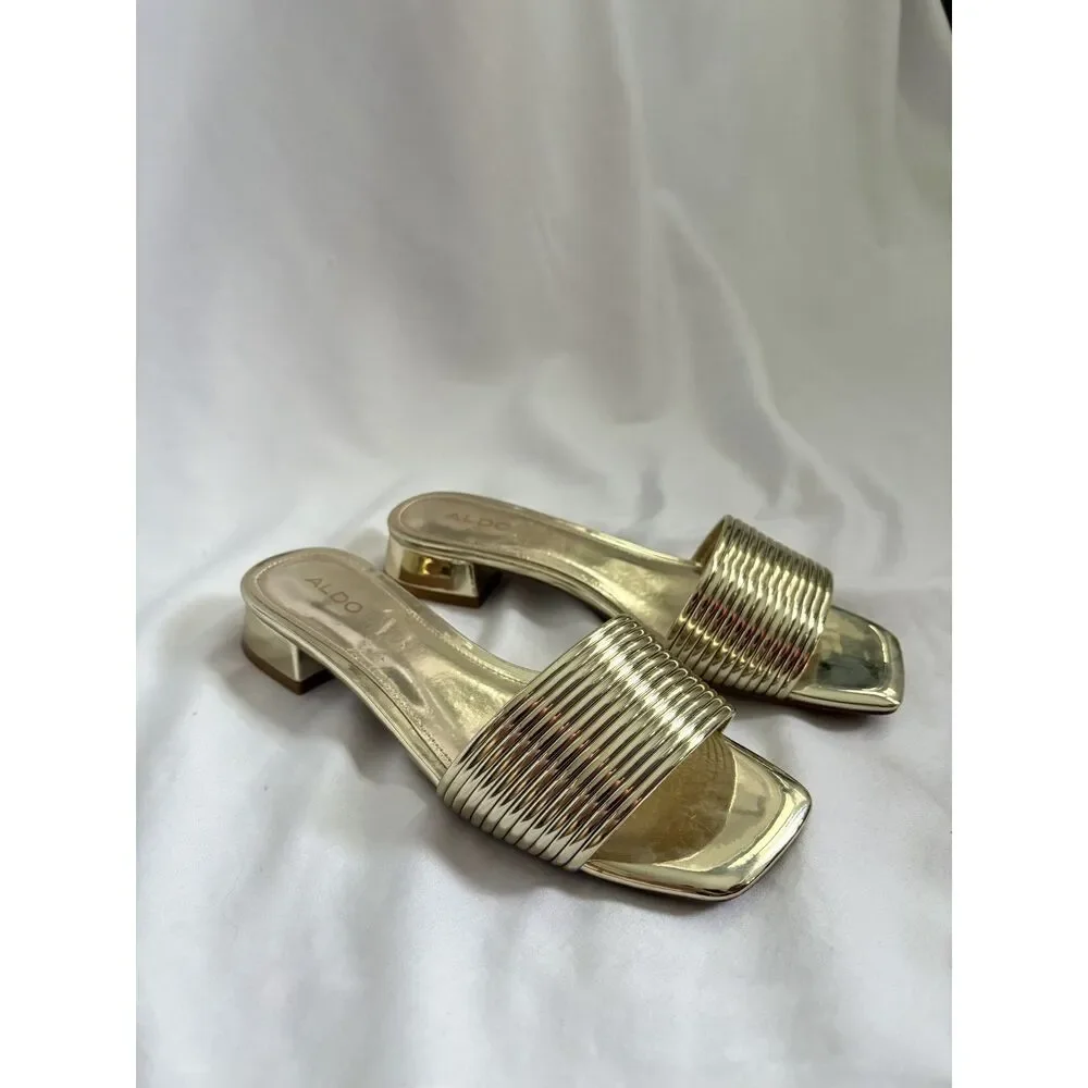 ALDO New Women's Neela Flat Sandal Gold Square Shape Princess Size 8.5 Classy